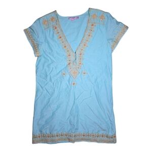 Calypso St. Barth Light Blue and Gold Embroidered Swim Coverup